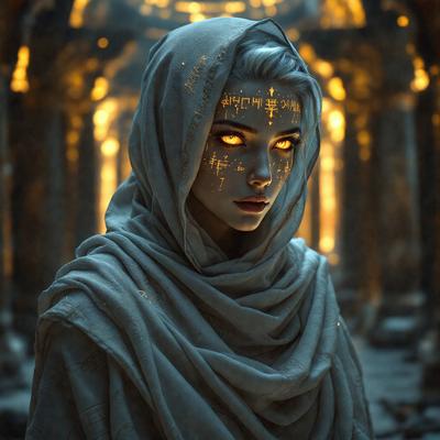 The primary subject of the image is a woman with a unique appearance. She is wearing a white robe and has a distinctive look, possibly due to her makeup or costume. The setting appears to be a dark, possibly Gothic, environment. The visual style of the image is a combination of photo and digital art, creating a striking and intriguing scene. The colors and mood of the image are predominantly dark, with a hint of eeriness, which adds to the overall atmosphere of the scene.